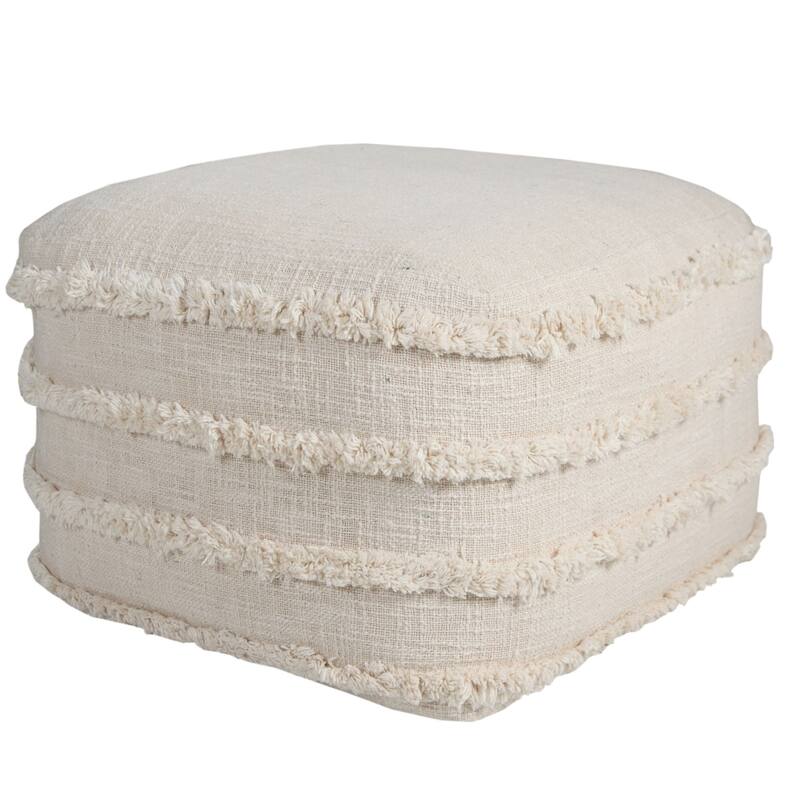 18" Beige Solid Texture and Striped Square Pouf Ottoman