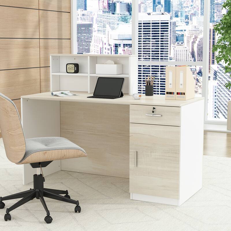 55.1"W 43.3"H Rectangular Wood Reception Desk With Lockable Drawer