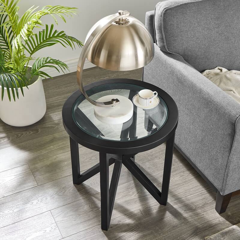 Anmytek Round Glass End Table Modern Black X Frame Accent Side Table for Living Room Bedroom