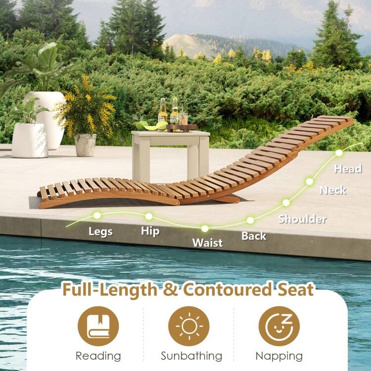 Teak Wood Folding Patio Chaise Lounge with Ergonomic Full-Length Seat - 61" x 22" x 21"