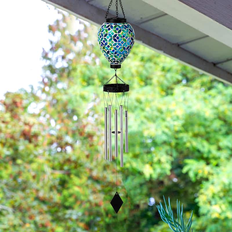 Glitzhome Set of 2 37"H Solar Lighted Metal and Glass Mosaic Windchimes - 37''H