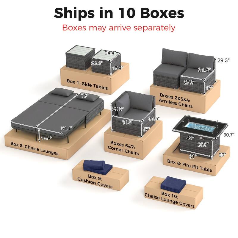 Outdoor Sectional Conversation Set PE Wicker with Double Chaise Lounge, 60,000 BTU Fire Pit Table