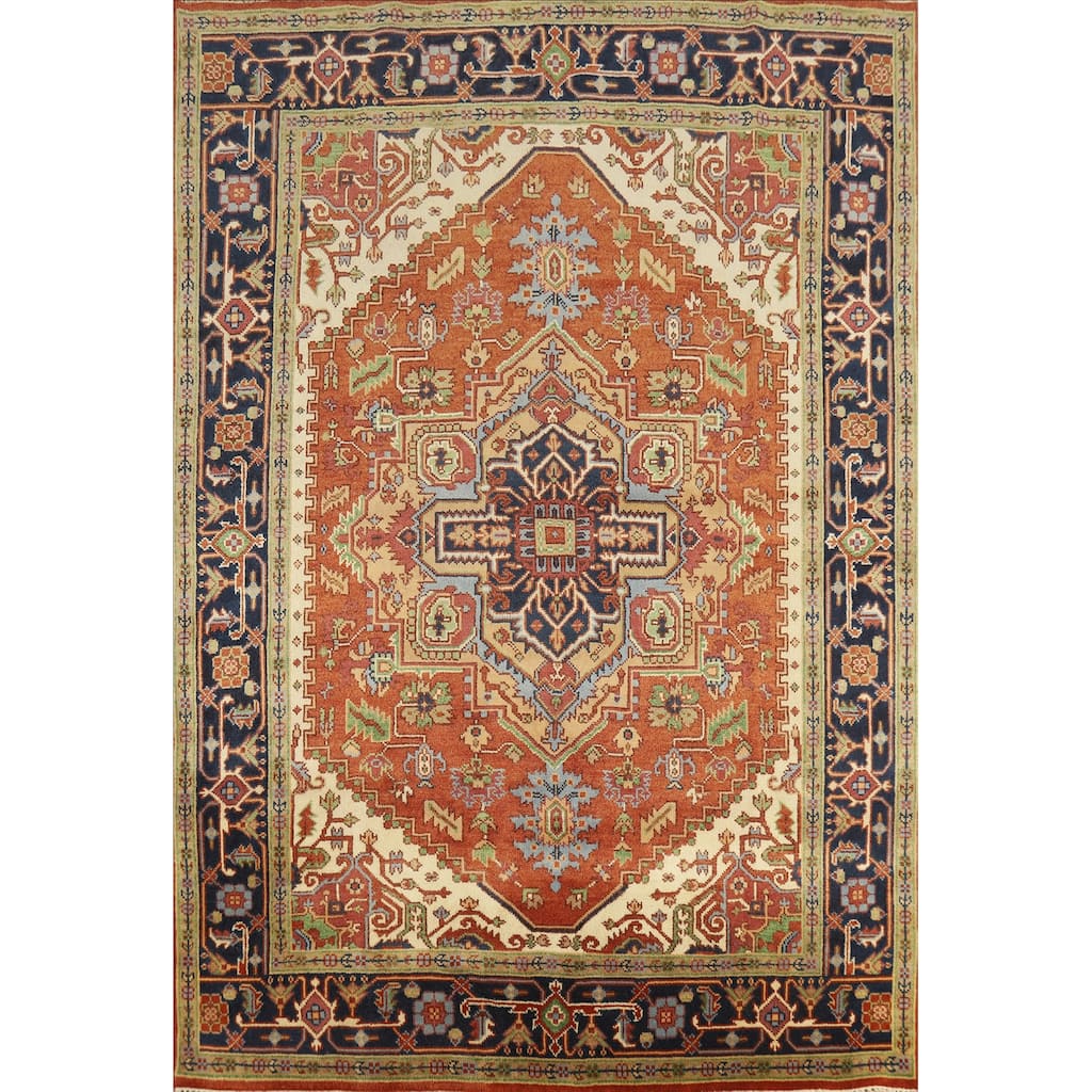 Orange Heriz Serapi Indian Area Rug Handmade Traditional Wool Carpet - 7'10" x 9'10"