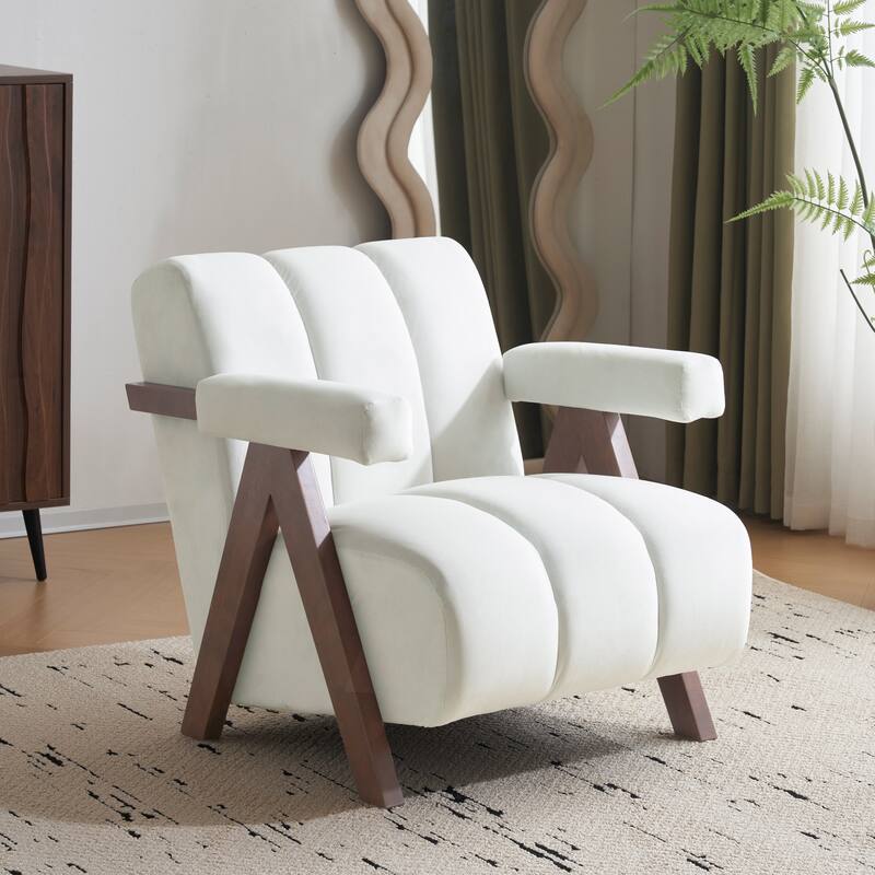 Roomfitters Mid-Century Modern Tufted Accent Chair with Walnut Solid Wood Frame and Inverted V-Legs, Ivory