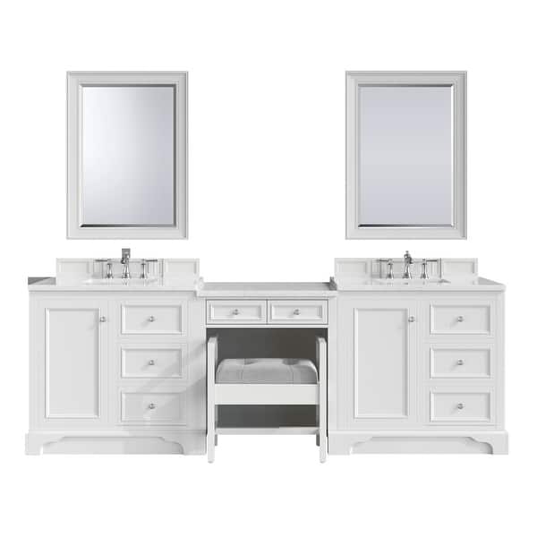 slide 2 of 3, James Martin De Soto 102" Double Sink Bathroom Vanity Deluxe Set, Bright White with 3cm Eternal Jasmine Pearl Quartz Top