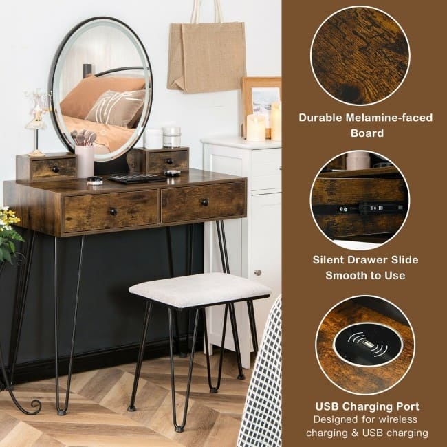 Vanity Table Set with 3-Color Lighted Dimmable Mirror - 31" x 16" x 53.5"