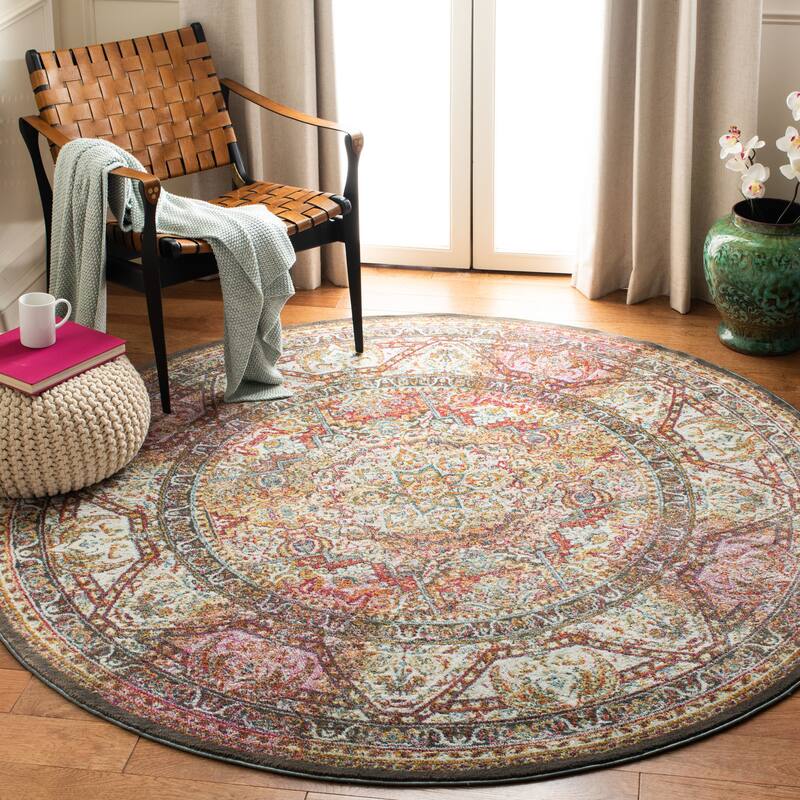 SAFAVIEH Luxor Belia Boho Medallion Distressed Rug - 6'7" Round - Ivory/Fuchsia