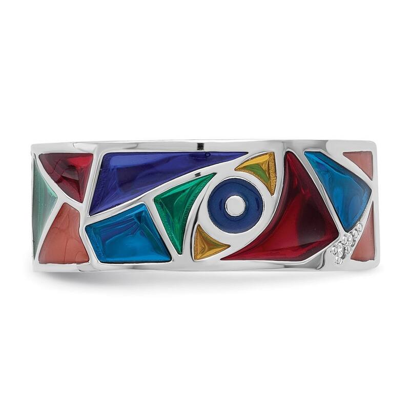 Curata 925 Sterling Silver Rhod Plated Abstract Enamel and CZ Cubic Zirconia Cuff Ring