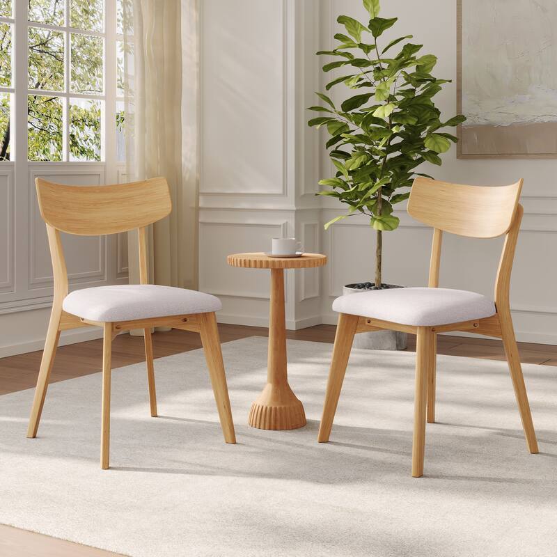 Mid-Century Walnut Finished Frame Upholstered Dining Chairs, Set of 4, Light beige+Natural