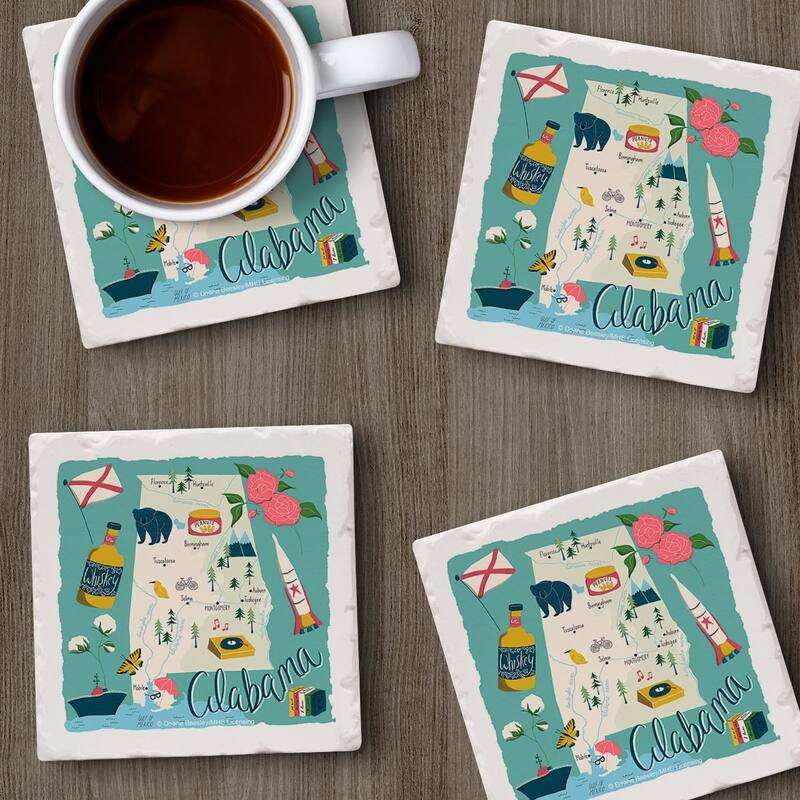 Alabama Home 4-Pack Absorbent Stone Coasters with Protective Cork Backing 4" Square Manufactured in The USA Easily Wipes Clean
