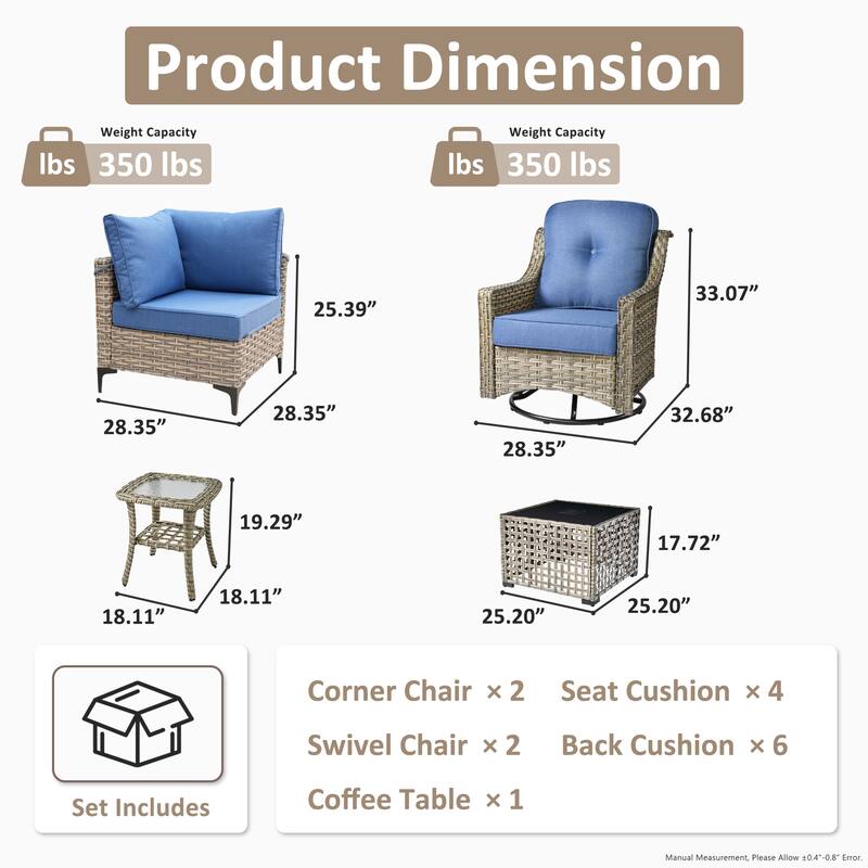 OVIOS 6 Pieces Outdoor Wicker Swivel Chair Set With Solar-Powered Coffee Table