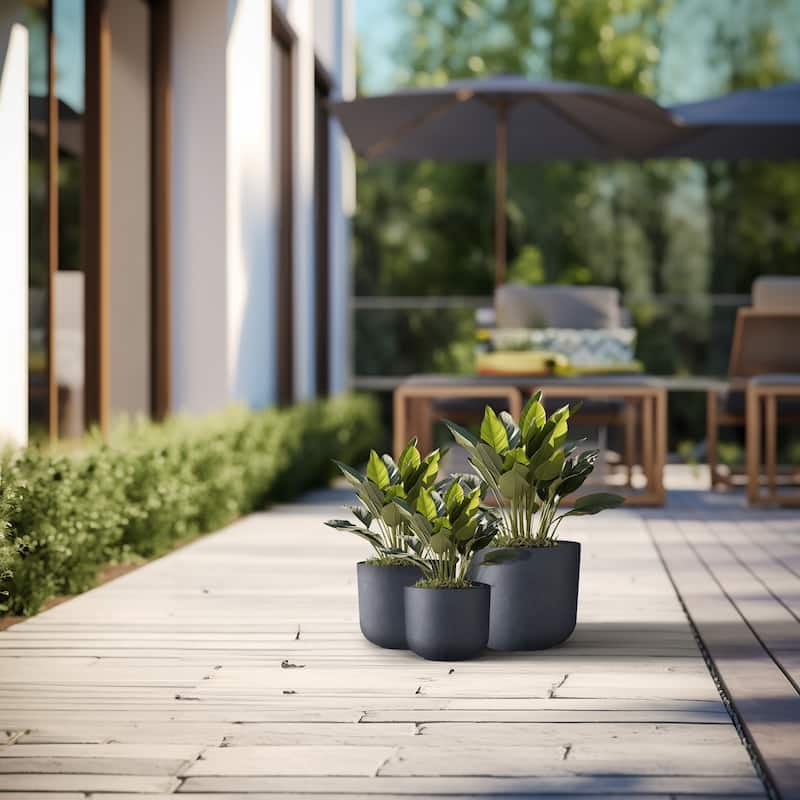 Tall Concrete Round Plant Pots / Large Indoor and Outdoor flower Planters - 3 Piece Set (11.5, 13.5, 9.5 Inch Diameter) - Granite Gray