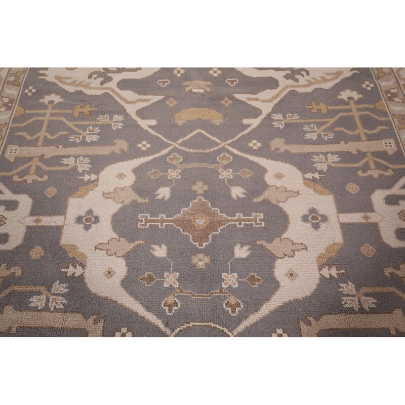 Gray Oushak Indian Rug Hand-Knotted Transitional Floral Wool Carpet - 9'1"x 11'7"