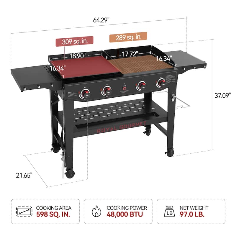 Royal Gourmet GD405A 4-Burner Propane Gas Grill and Griddle Combo with An Extra Set of Grilling Gear