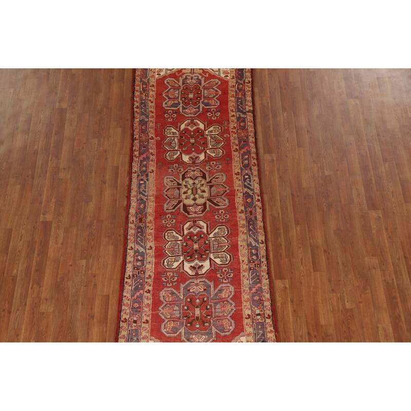 Vegetable Dye Red Heriz Persian Vintage Runner Rug Handmade Carpet - 3'1"x 9'8"