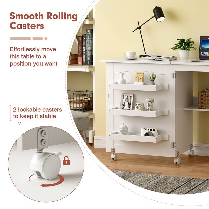 Costway White Folding Sewing Craft Table with Storage Shelves Cabinet - See details