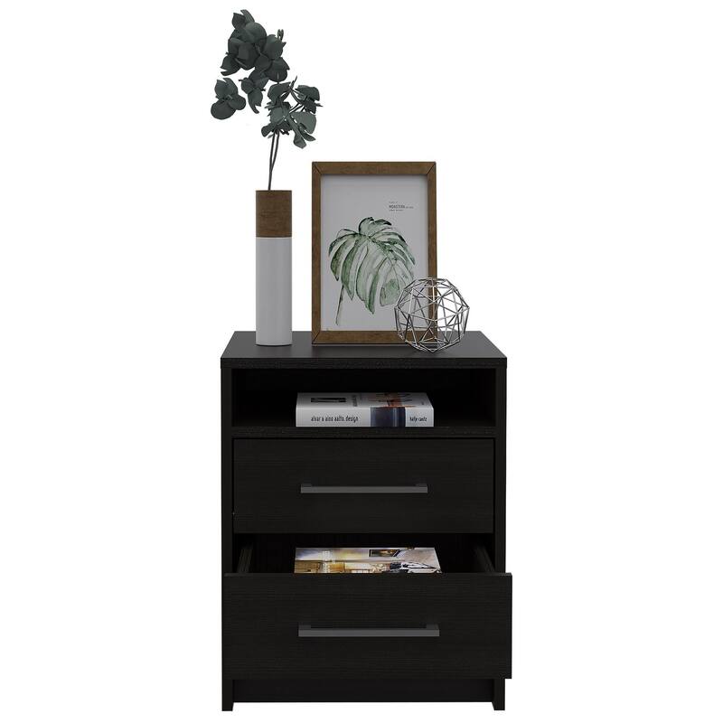 Wood 2-Drawer Nightstand with Shelf and Metal Accents
