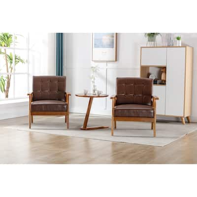 Brown PU Tufted Accent Chairs with Solid Wood Frame (Set of 2)