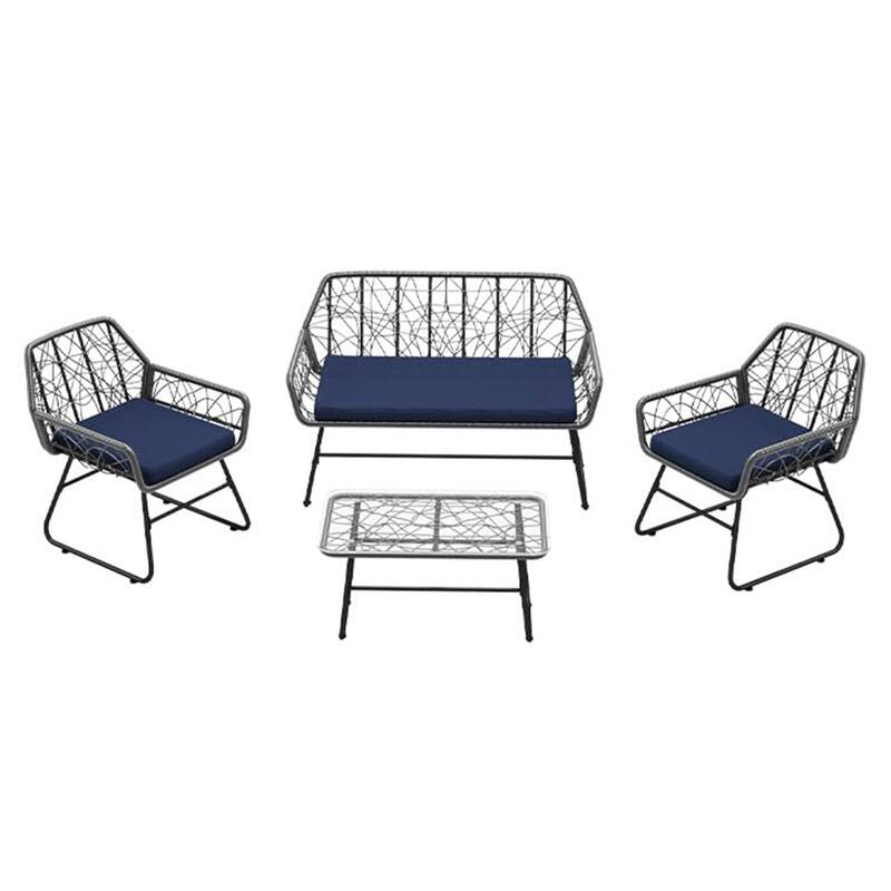 4-Piece Wicker Patio Set with Tempered Glass Table and Detachable Blue Cushions - Blue