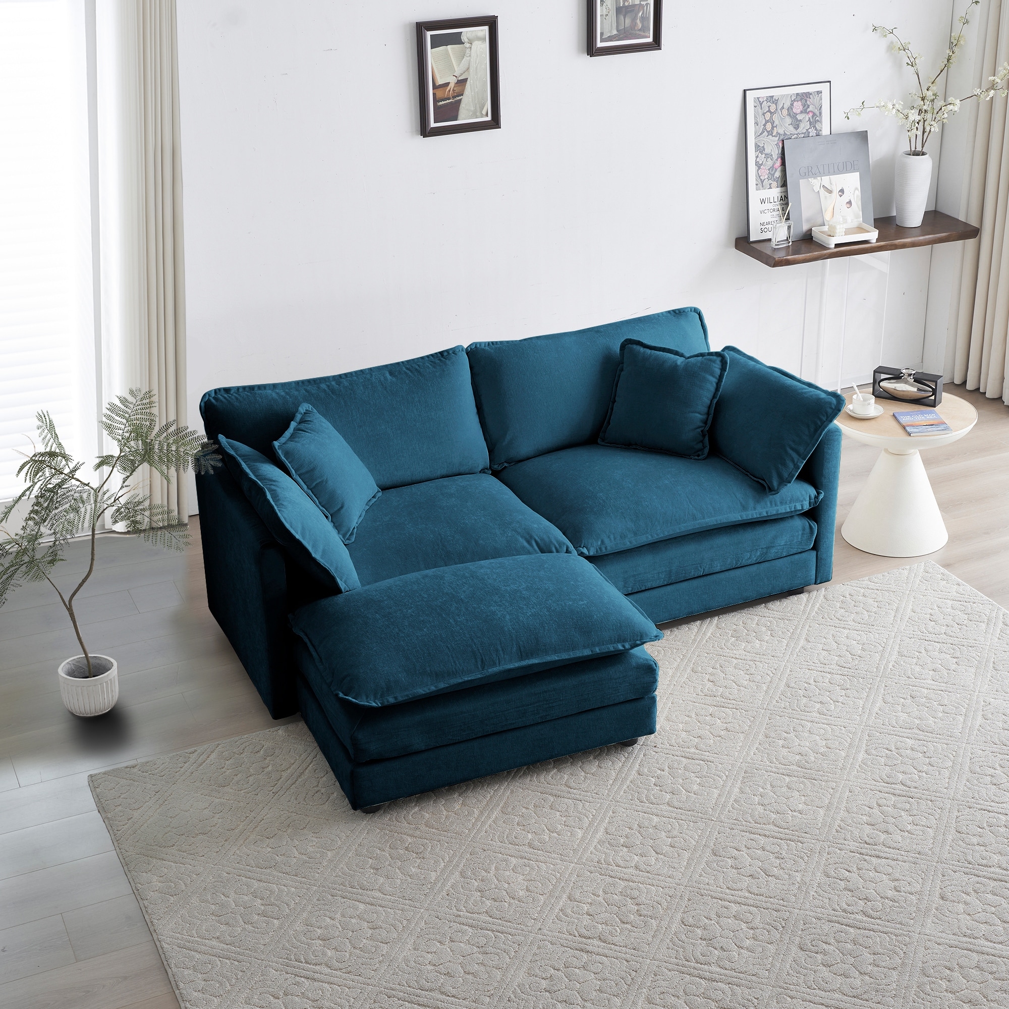 Chenille Two Seater Sofa with 1 Footrest 2 Seater L Shaped Sectional with Ottoman Loveseat with Ottoman