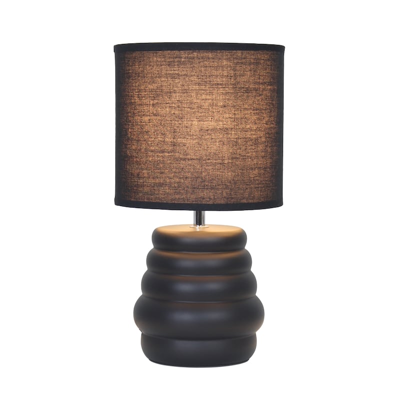 Stacked Ceramic Mini Table Lamp with Fabric Drum Shade Modern Sculptural Accent Lighting Compact Design - Black