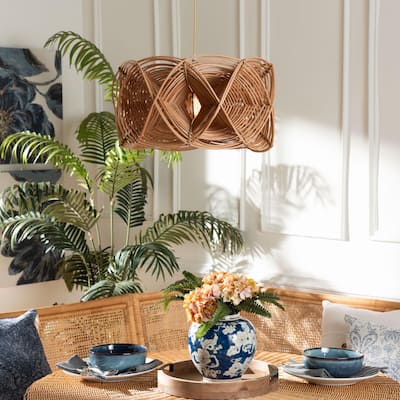 Jeneth Natural Rattan Pendant Lampshade - Coastal Boho Ceiling Light Cover with Handcrafted Geometric Design
