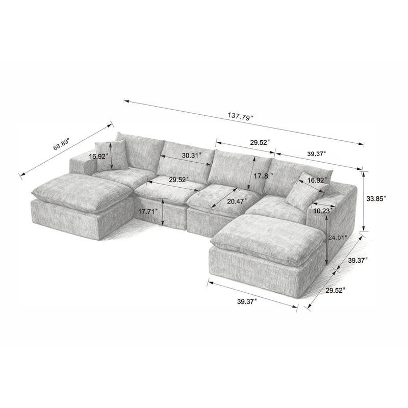 137.89" Modern Chenille Comfy Sectional Cloud Sofa with Two Pillows