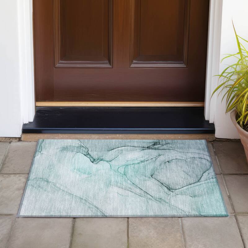 Machine Washable Indoor/ Outdoor Abstract Chantille Rug - Teal - 1'8" x 2'6"