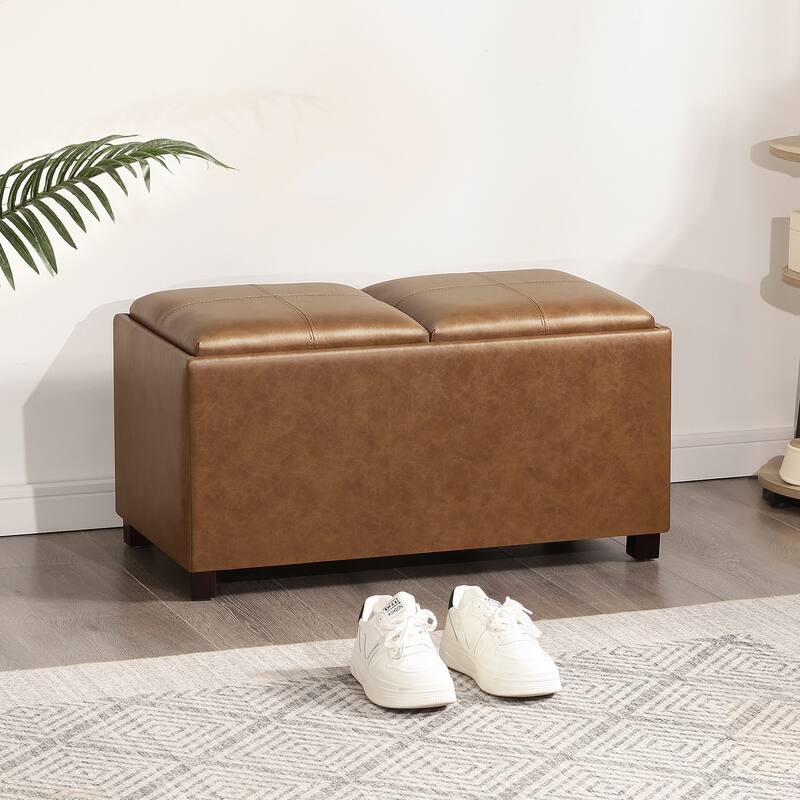Adeco Rectangle Faux Leather Storage Ottoman with Dual Flip-Top Trays - 31.1"X15.4"X15.7