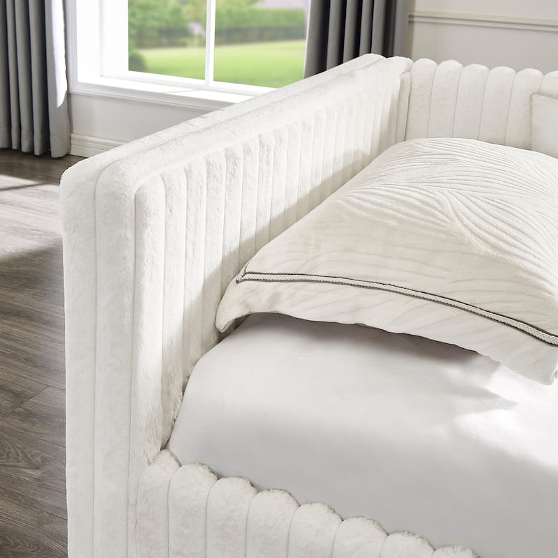 Twin Upholstered Daybed with Pull-Out Trundle, Modern Striped Corduroy Fabric Sofa Bed with Armrests, Space-Saving Sleeper