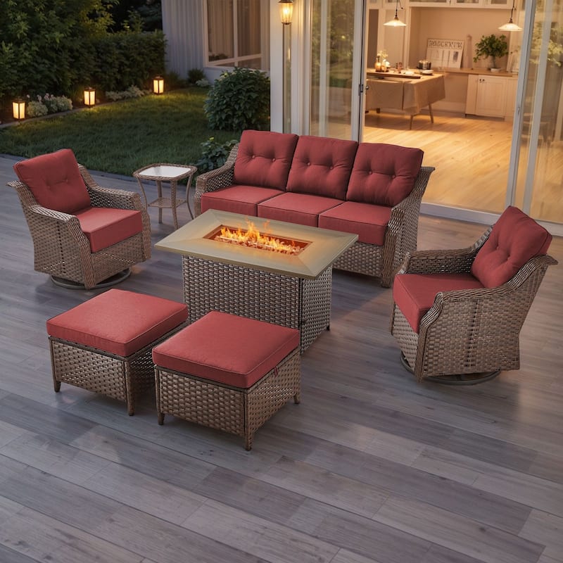 Artisan Brown Wicker Patio Fire Pit Conversation Set with 3-Seat Sofa & Swivel Gliders