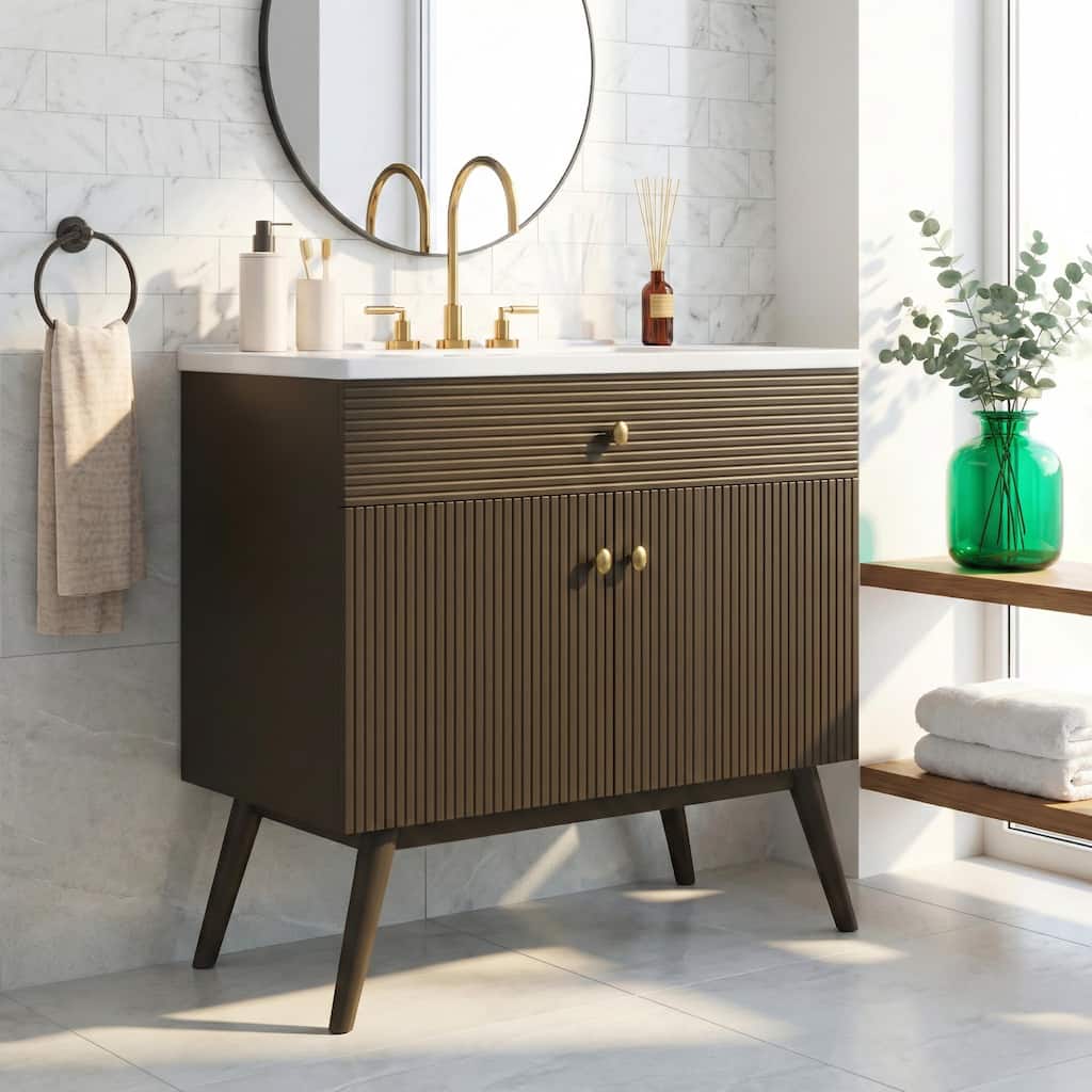 Christopher Knight Home - Modern Space Saving Striped Bathroom Vanity with Premium Ceramic Sink & Soft-Close Dual-Door Storage