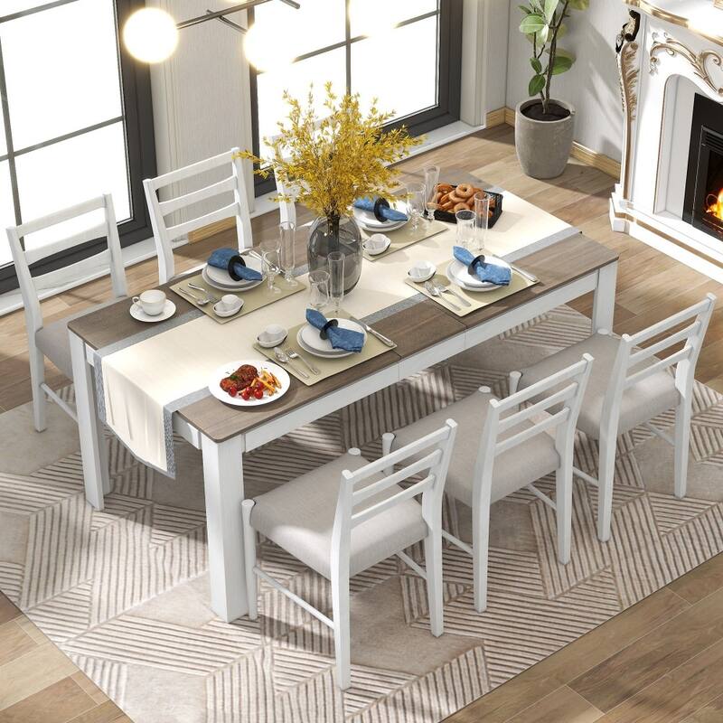 Modern 7-piece Wooden Dining Set with 12" Leaf Extendable Table and 6 Dining Chairs - Brown+White