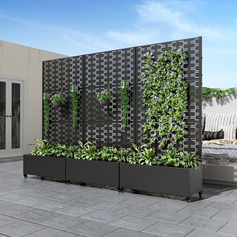 Metal Movable Planter Box with Trellis Privacy Screen Planter Box with Lockable Wheels