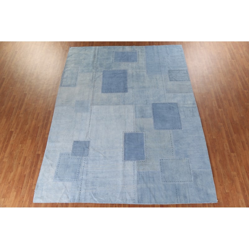 Blue Geometric Kilim Turkish Area Rug Hand-Woven Silk Carpet - 9'10"x 12'11"