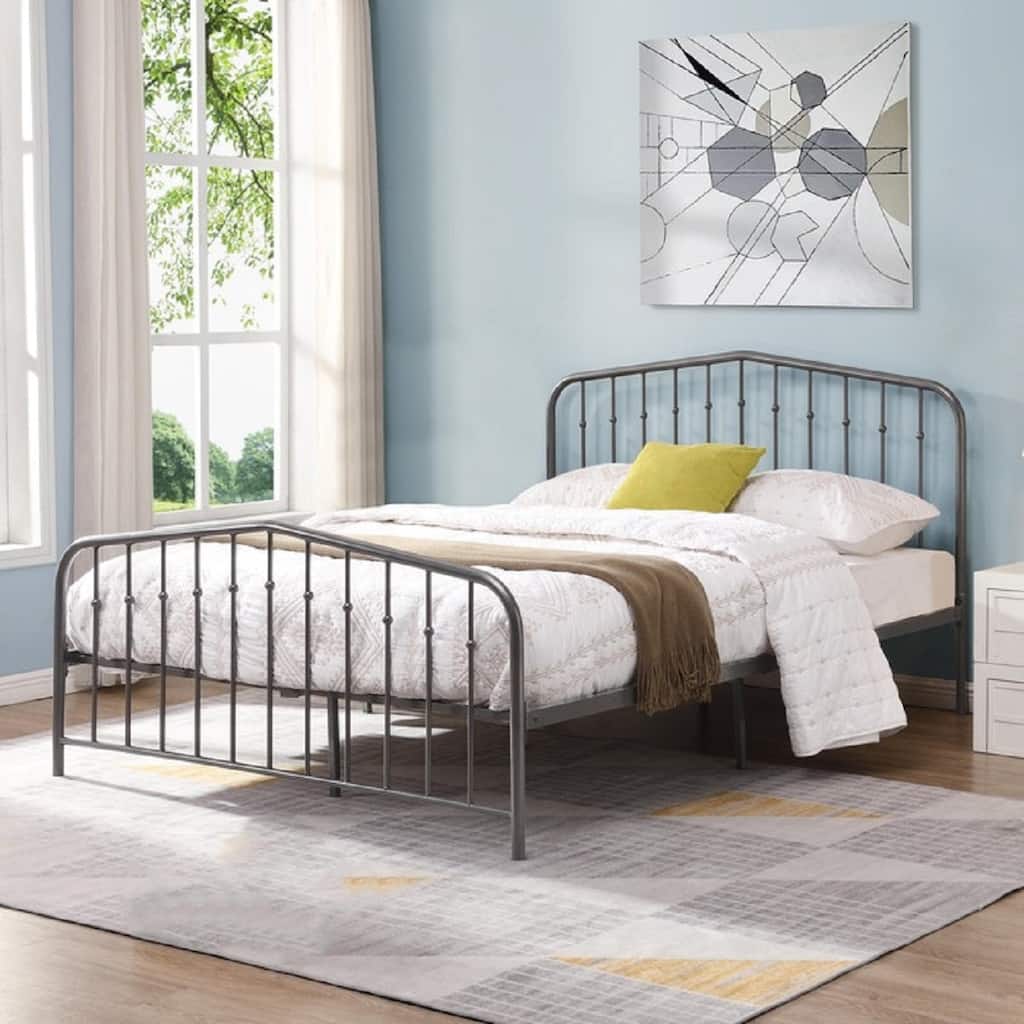 Vintage Victorian-Style Metal Platform Bed Frame, Dark Gray