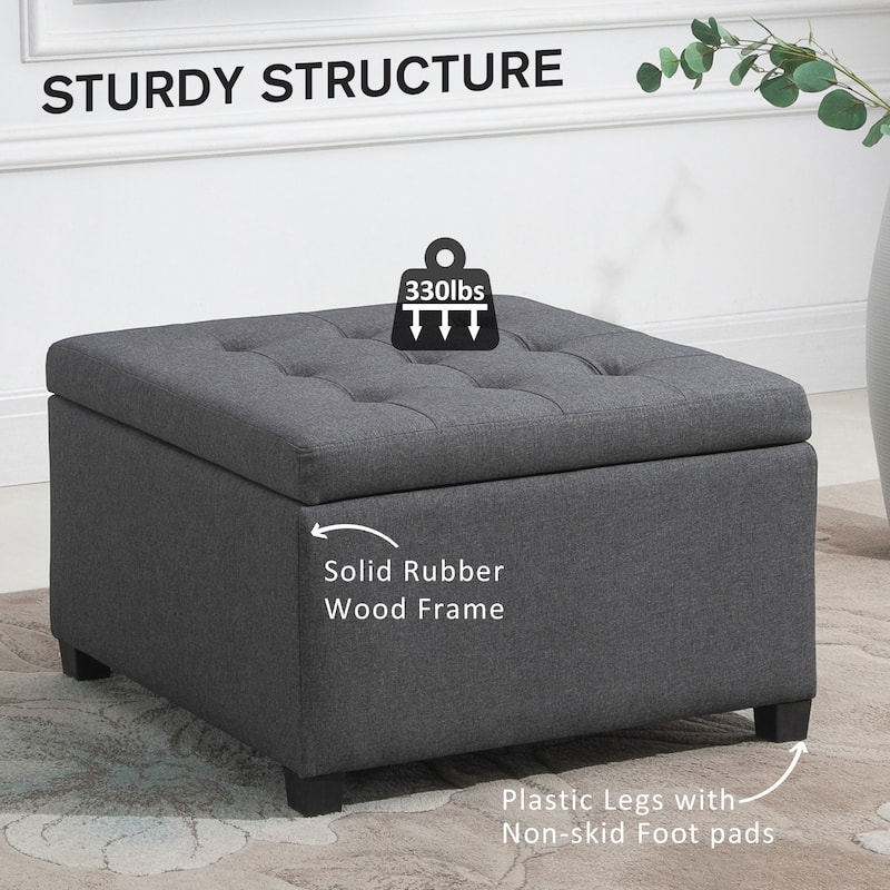 Fabric Tufted Storage Ottoman with Flip Top Seat Lid, Metal Hinge and Stable Eucalyptus Wood Frame