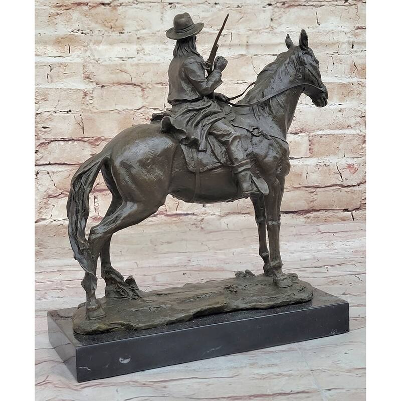 Bronze Remington Tribute Cowboy W/ Rifle Riding Horse Sculpture Statue Marble 12 Inches X 12 Inches