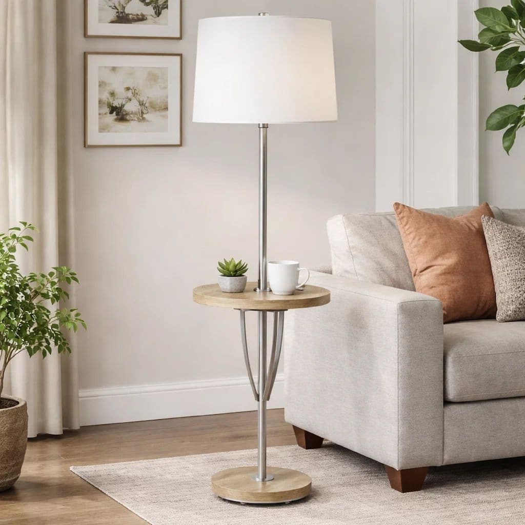 Charlie 61 Inch Modern Floor Lamp, Wood Table, 1 USB, Glossy, White, Brown