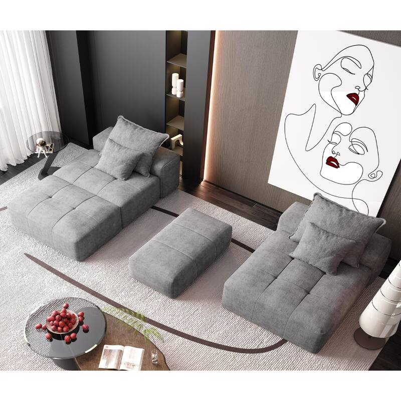 Oversized Floor Sectional Sofa with Ottoman & Chaise Lounge, Chenille Fabric Modular Couch with 4 Pillows for Living Room