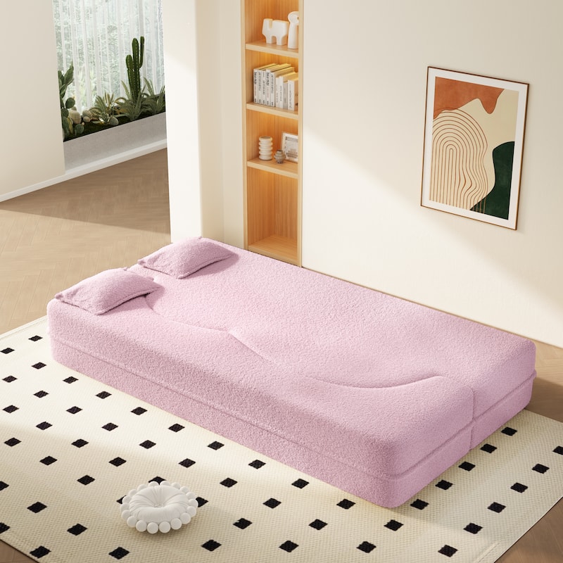 Convertible Floor Sofa with Teddy Fabric, Twin Mattress & No Assembly - Pink