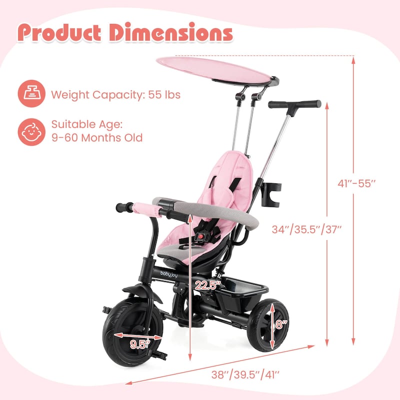 Costway Toddler Tricycle, 7 in 1 Push Trike with Adjustable Canopy