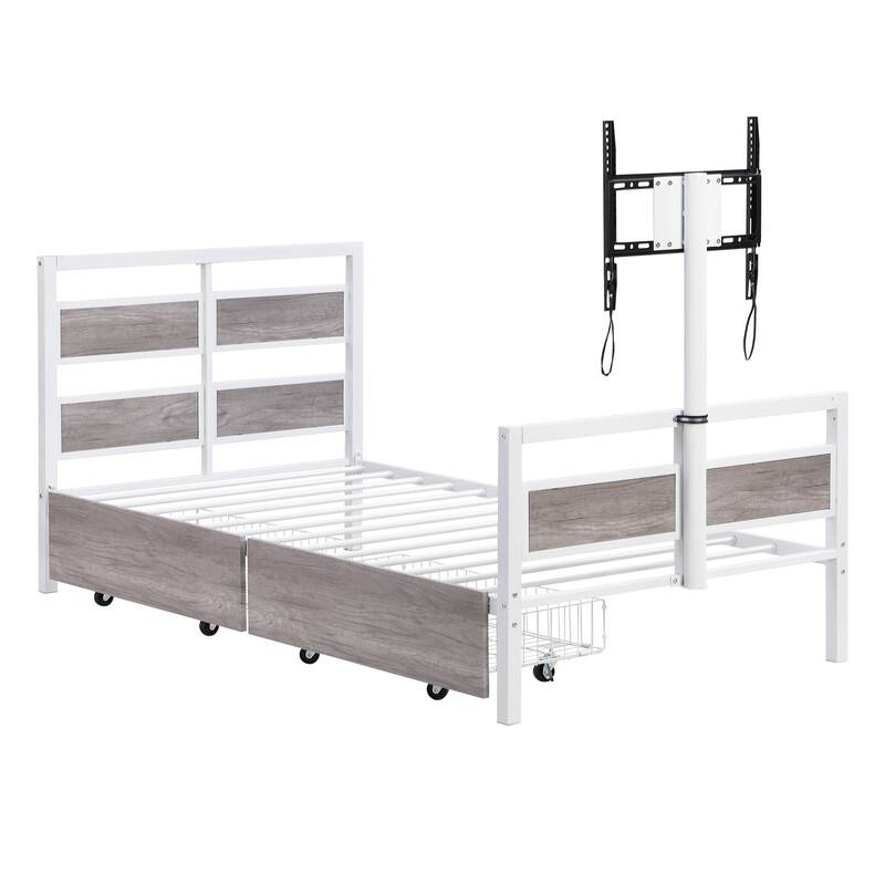 Metal Twin Size Platform Bed with 2 Drawers and Rotatable TV Stand