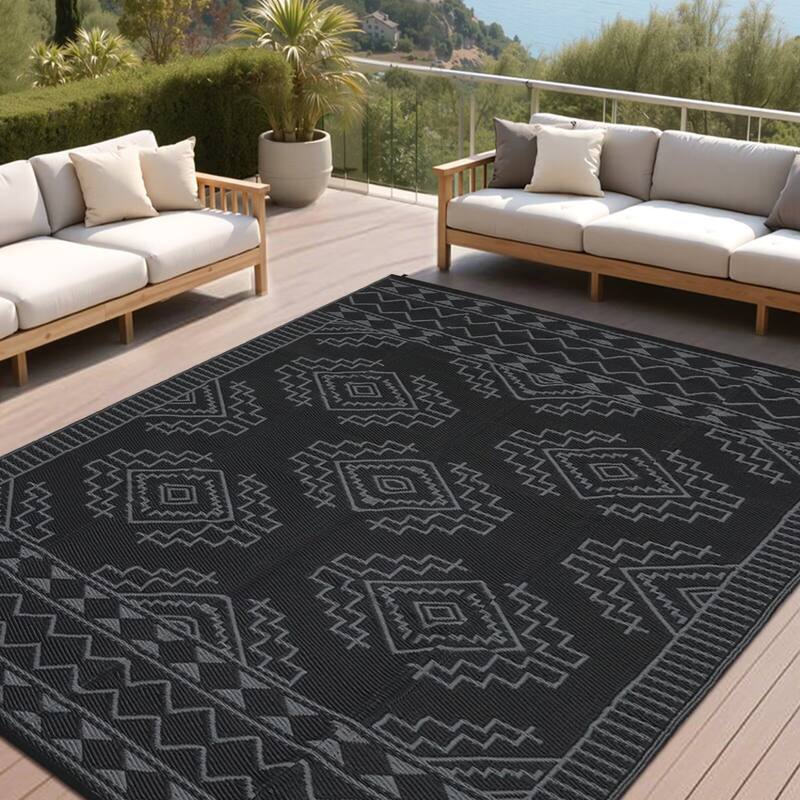 Outdoor Rug Waterproof Boho Geometric Patio Rug Mat Reversible Plastic Straw Rug Outside Outdoor Area Rug - 8'x10' - Black Gray
