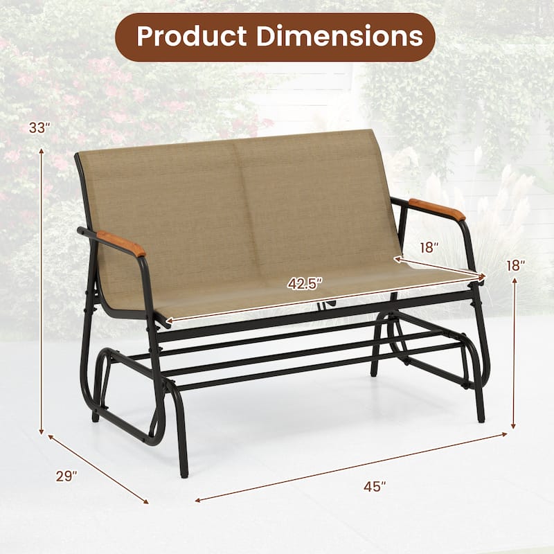 Black Brown Metal Glider Bench with Teak Armrests and 2-Person Seat - 29" L x 45" W x 33" H