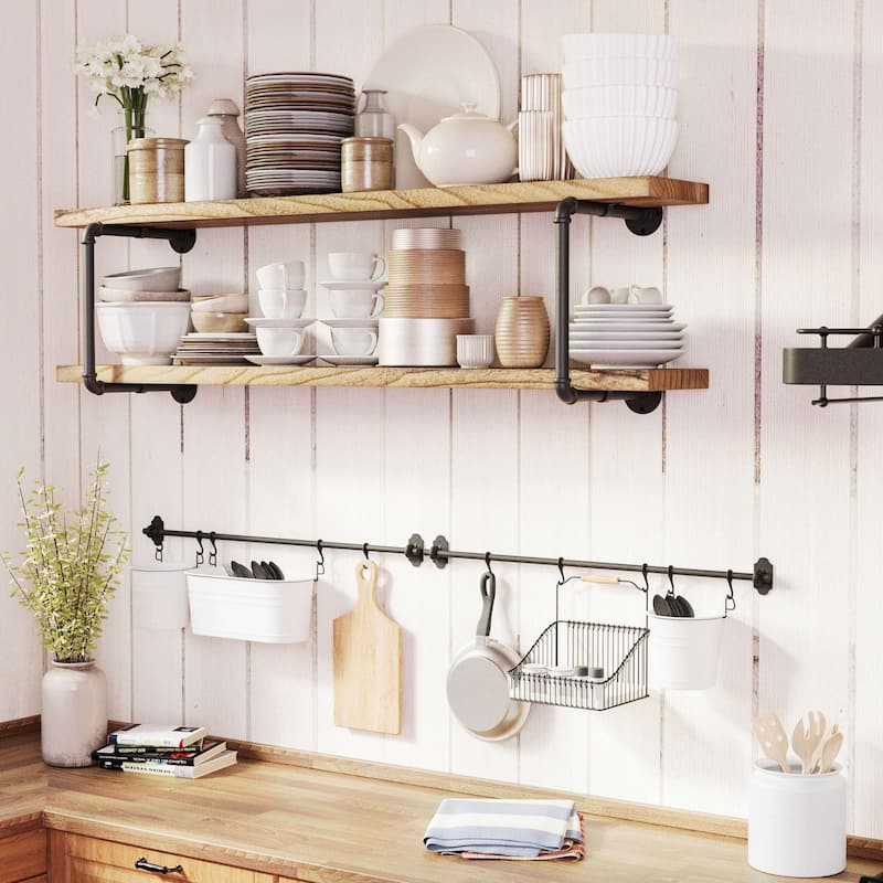 Wallniture 60"x 9.25" Industrial Pipe Shelf, Wood Wall Shelves, Floating Bookshelves for Wall, Burnt, 2 Tier