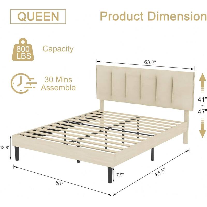 Upholstered Velvet Upholstered Bed Frame with Adjustable Height Headboard No Box Spring Needed Platform Bed Under Bed Storage