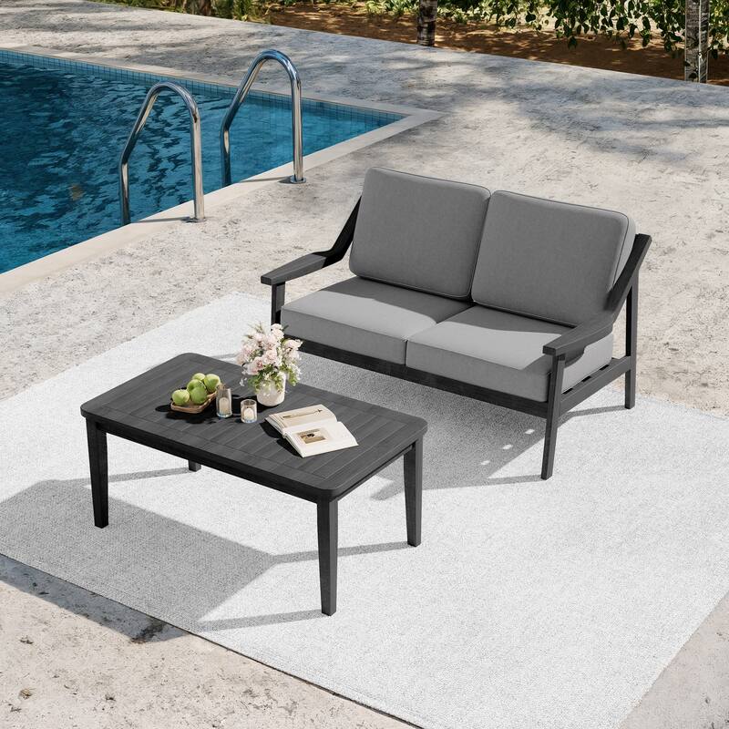 2-piece Brown/ Black Teak Cushioned Patio Loveseat Set with Coffee Table