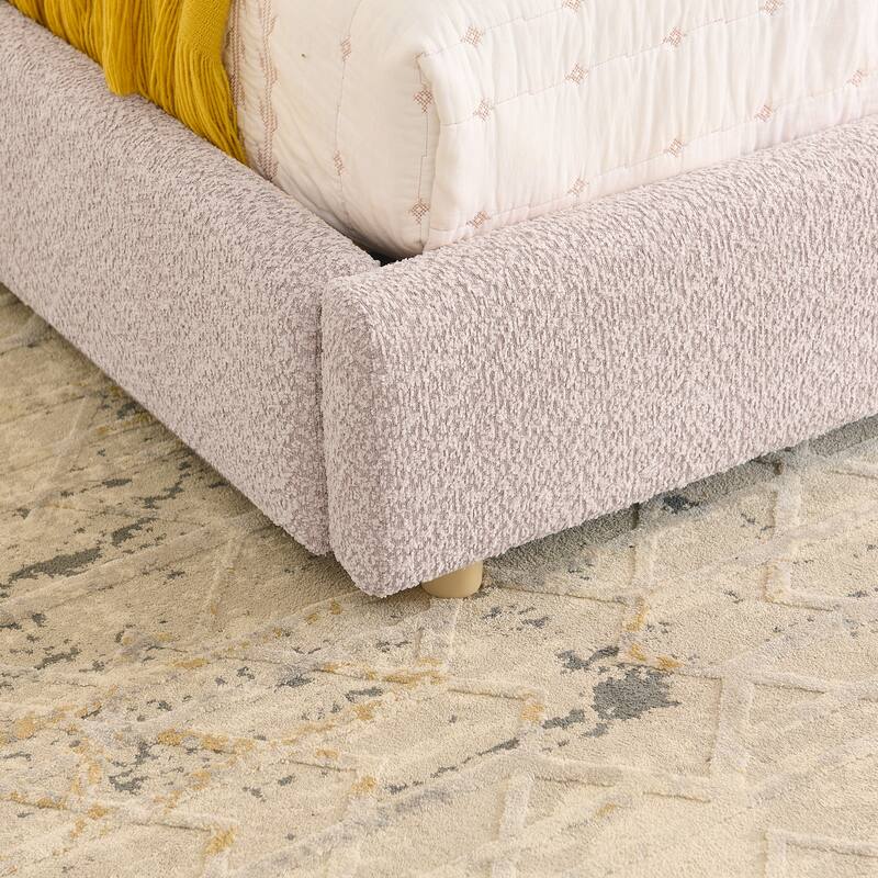 Queen Size Upholstered Bed Frame Modern Minimalist Style - Circle Yarn Fabric, Tall Curved Headboard