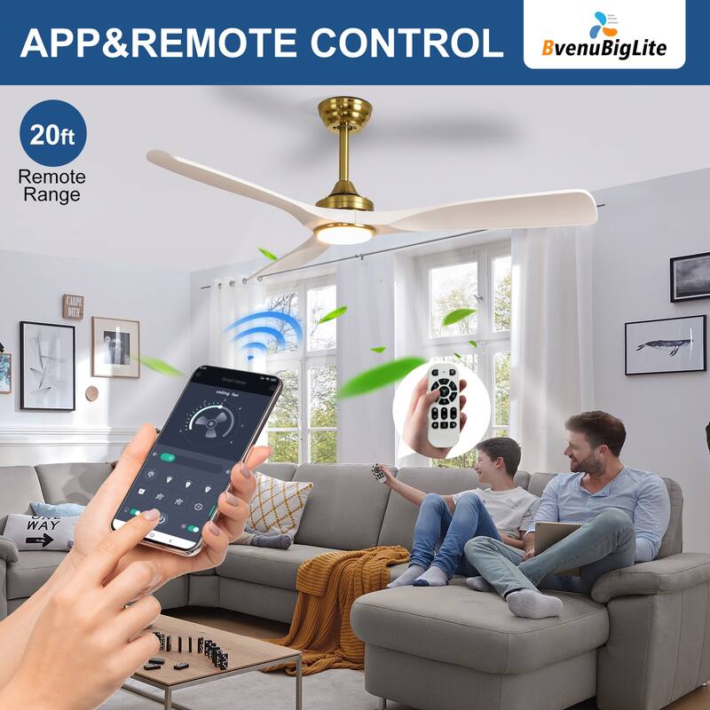 52 in. Indoor/Outdoor Dimmable Ceiling Fan With Light for Patios, Modern Noiseless Ceiling Fan with Remote APP Control